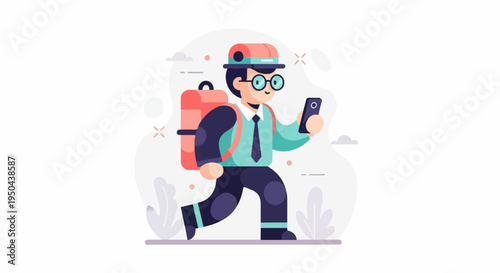A person in a hat, glasses, and tie, carrying a backpack, walks while looking at their phone