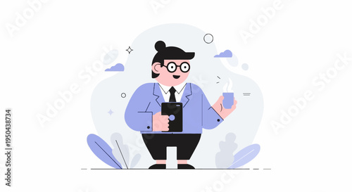 Cheerful person in a suit holding a phone and a steaming cup of coffee