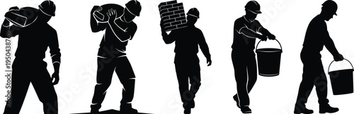 Silhouette of various construction workers in different poses and actions
