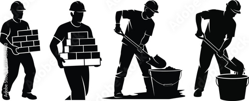 Silhouette of construction workers at work site various tasks silhouette