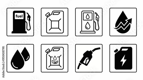 Fuel Pump, Jerry Can, Eco Droplet, Energy Lightning, Sustainable Fuel Icons, Tanker Truck, Renewable Energy Vector Set for Industry, Transport, Environment, Power, Oil, Gas