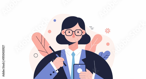 A woman in glasses and suit holds a stylus and phone amidst floral shapes