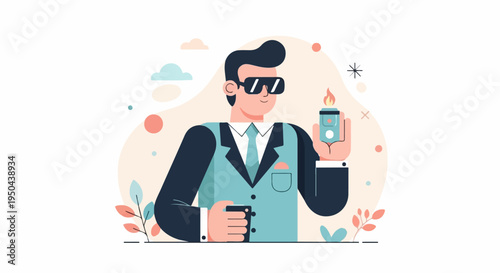 Stylish man in sunglasses holds lit lighter and coffee cup, surrounded by abstract shapes
