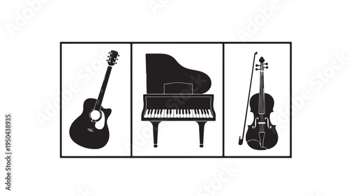 Silhouette of guitar, grand piano, and violin on white background for music concepts