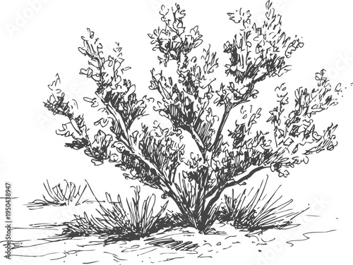 Desert shrub bush with small leaves and dry soil landscape botanical hand drawn illustration