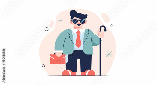 Stylish man in suit, sunglasses, holding briefcase and cane