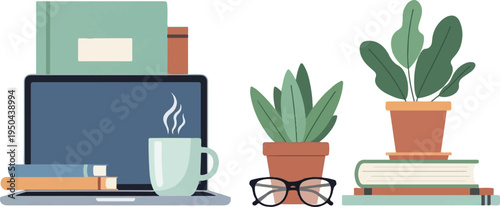 A cozy workspace with plants, books, and a laptop