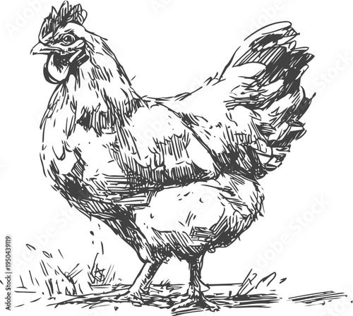 hand drawn illustration of a chicken standing on grass with detailed feather texture and natural posture