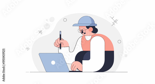 Modern illustration of a person using a digital pen and laptop