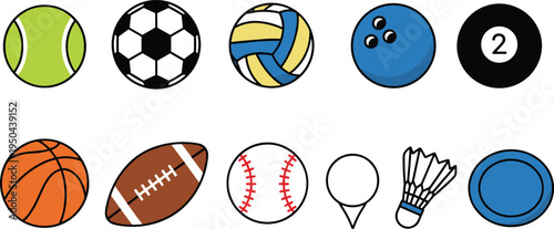 Collection of diverse sports equipment icons featuring balls and gear from tennis, soccer, basketball, volleyball, baseball, golf, badminton, bowling, billiards, and frisbee activities