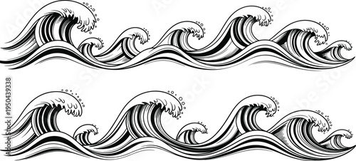 Vintage ocean wave illustration set, japanese style sea waves, hand drawn marine water splash design, black line art vector