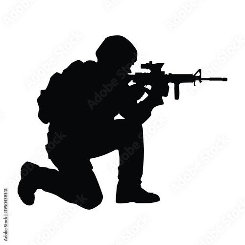 Silhouette of a Soldier Kneeling and Aiming a Rifle in a Combat Stance