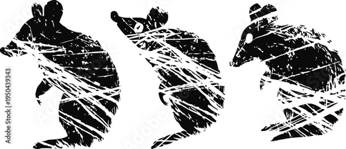 silhouettes of three men tangled in web like strings, struggle and entrapment concept