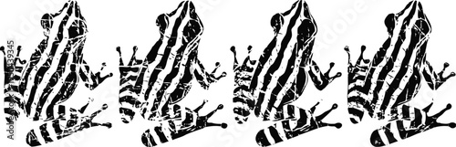 Four stylized striped frogs in black and white, side view, digital vector illustration