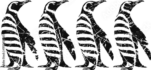 four black and white vintage penguin silhouettes in a row facing right side on white background