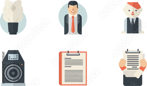 Flat icons plant, businessman, person, speaker, clipboard, hands holding document