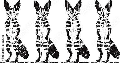 four black and white striped fox silhouettes standing upright in a row in abstract