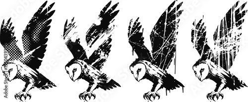 grunge barn owl in flight with abstract distressed texture and dynamic wing movement