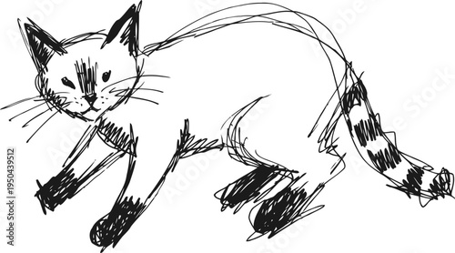 Sketch of a playful cat in mid motion with detailed facial features and striped tail accents