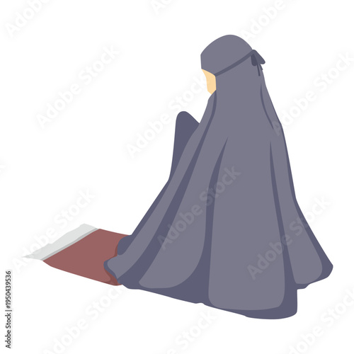 Muslim woman in traditional attire observes a moment of quiet prayer and spiritual devotion on a mat, symbolizing inner peace and faith