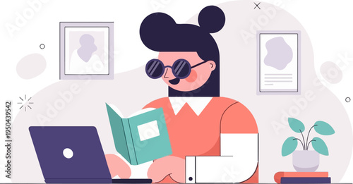 Person with laptop reads book, art and plant decorate room