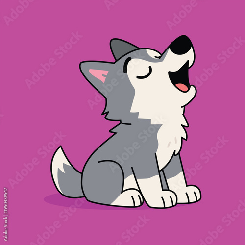 Cute cartoon wolf howling at the moon with closed eyes and happy expression