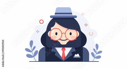 Stylized cartoon person wearing a hat and glasses, dressed formally
