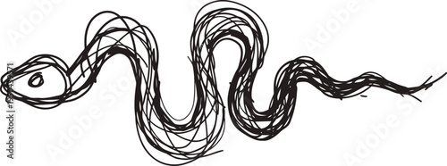 abstract black scribble snake illustration with rough sketch lines and wavy body