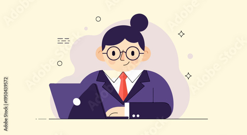 Flat illustration of a woman in a suit and tie using a laptop