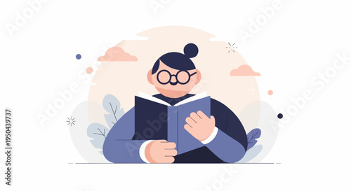 Flat illustration of a person wearing glasses reading a book amidst abstract elements