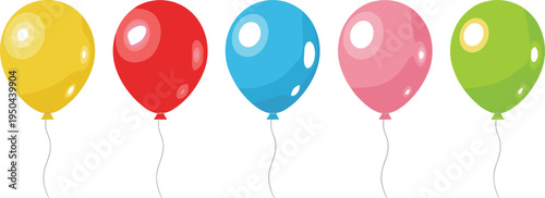 Colorful glossy balloons in vibrant yellow, red, blue, pink, and green arranged in a horizontal line on white background for celebration, party, and decoration themes