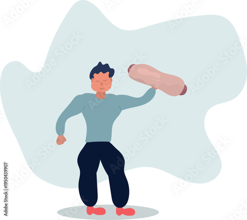 man holding a sausage in dough in a raised hand. Male character presenting a popular street food snack.