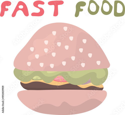 tasty burger with a sesame seed bun, lettuce, meat patty with melted cheese, tomato slice and cucumber. Fast food concept.