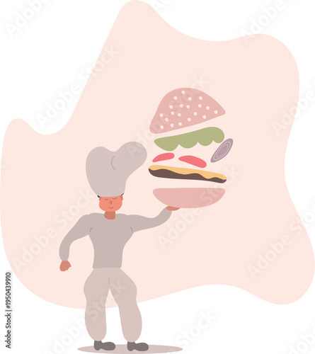 male chef in a traditional cooking hat holding a delicious cheeseburger with a sesame seed bun, lettuce, meat patty with melted cheese, tomato slice and cucumber.