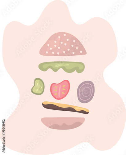 tasty burger with a sesame seed bun, lettuce, meat patty with melted cheese, tomato slice and cucumber.