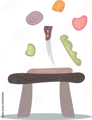 kitchen knife stuck in a wooden cutting board on a table with chopped vegetables around it. Fresh ingredients.