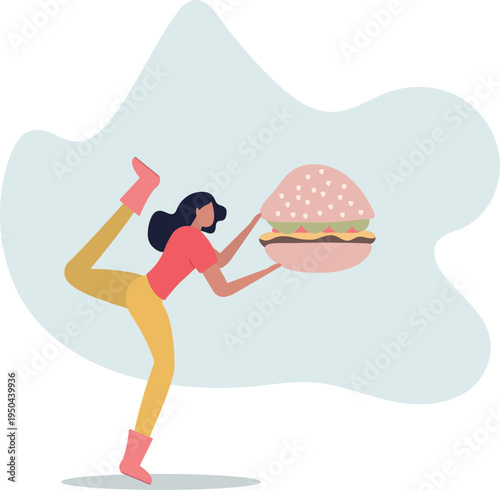 woman holding a cheeseburger. Female character presenting a tasty fast food meal.