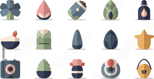 Collection of fifteen stylized flat icons depicting objects and flora