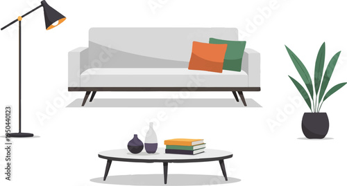 Modern living room interior with sofa, lamp, coffee table, and plant
