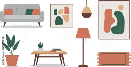 Cozy modern living room elements with abstract art and plants