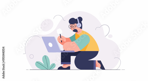 Person with headphones and microphone using a laptop