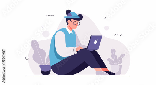 Person with laptop and plants, abstract background