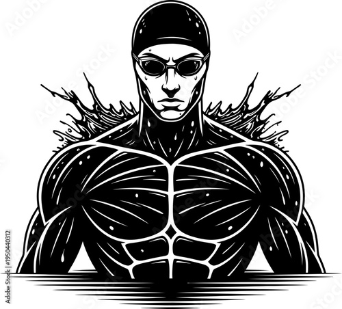 Muscular swimmer emerging from water stencil silhouette sports