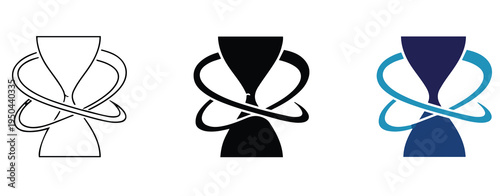 Stylized hourglass icons with orbital loops in black white and blue representing time and motion concept