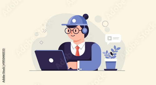 Cartoon figure with headphones and cap on laptop with plant