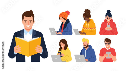 Diverse Digital Engagement: A group of individuals absorbed in a variety of activities—reading a book, using laptops.