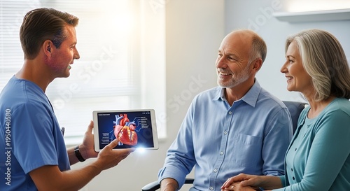 Medical specialist reviewing digital heart diagram with patient during routine screening. Healthcare concept showing cardiovascular evaluation, risk assessment and professional medical advice.