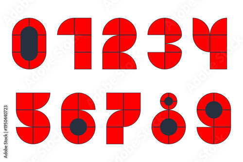 Red Numbers Made from Blocks set. 0-9 Number vector illustration