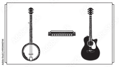 Banjo Guitar Harmonica Instruments Isolated On White For Music Concepts