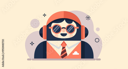 Cheerful cartoon character with headphones and sunglasses